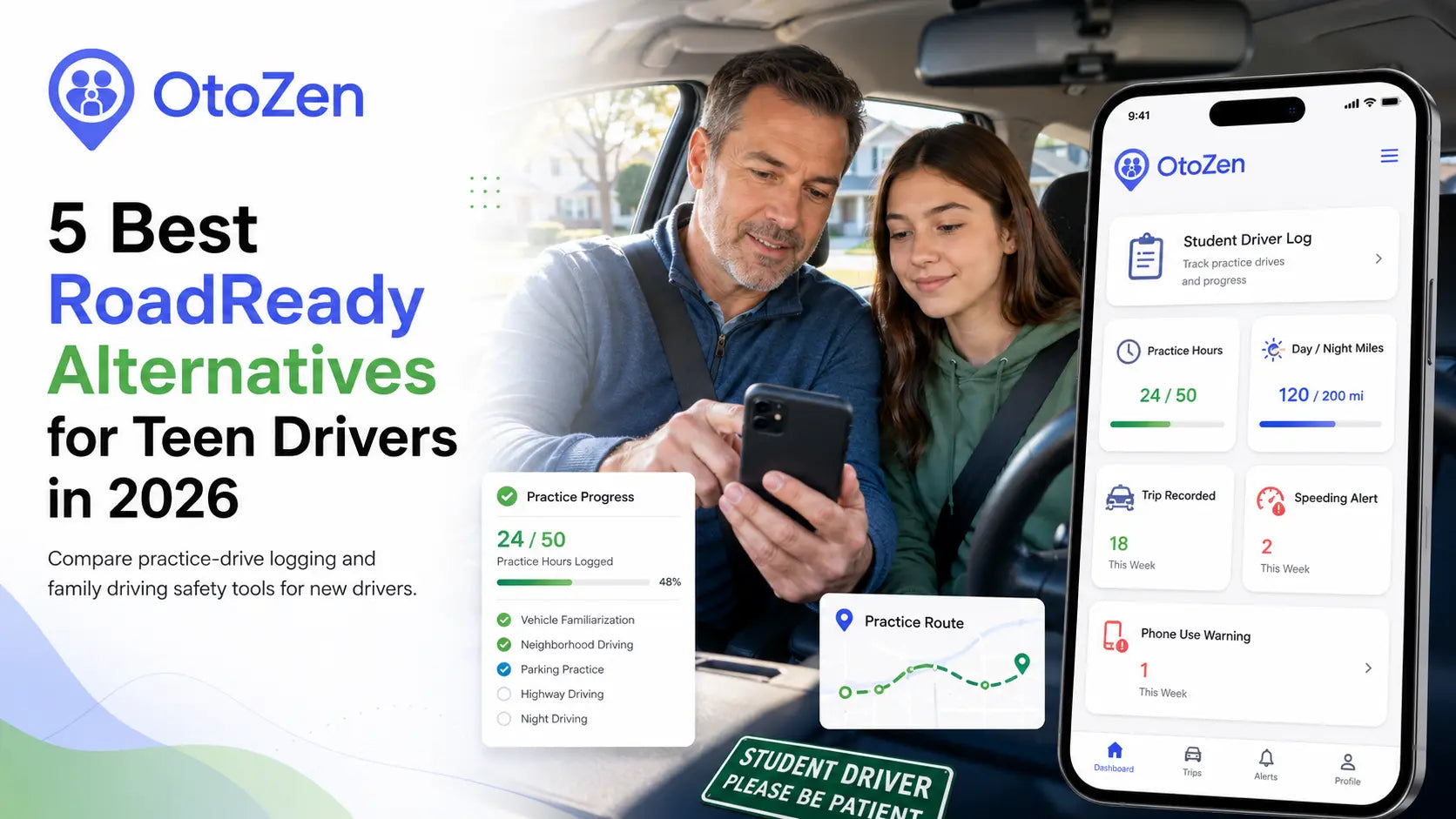 RoadReady app alternative comparison showing student driving log, practice hours, live location and driving alerts in OtoZen