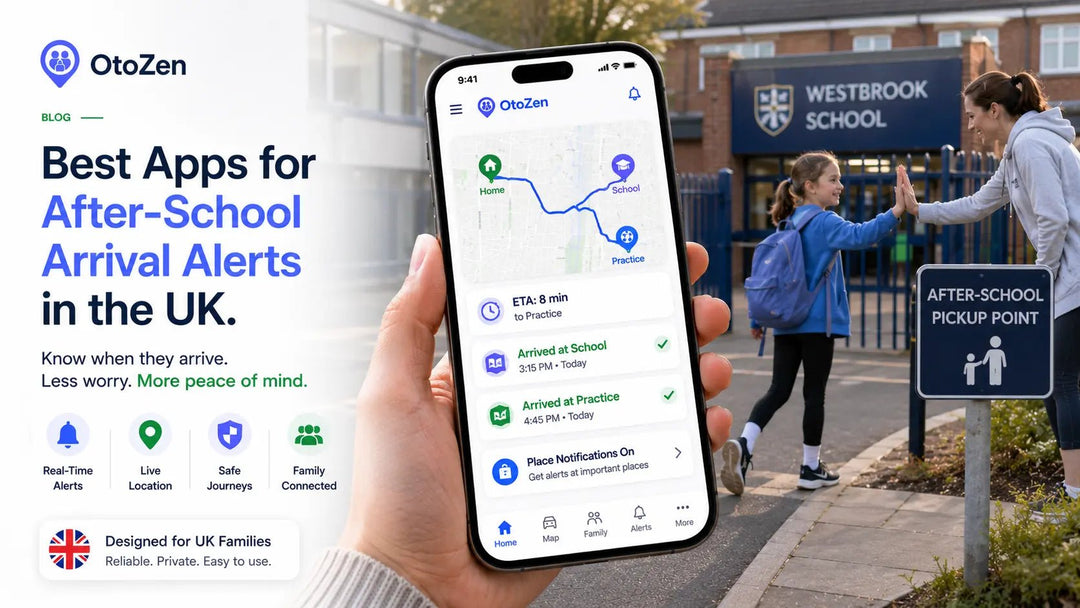 UK parent receiving an OtoZen school arrival alert and live location update after school