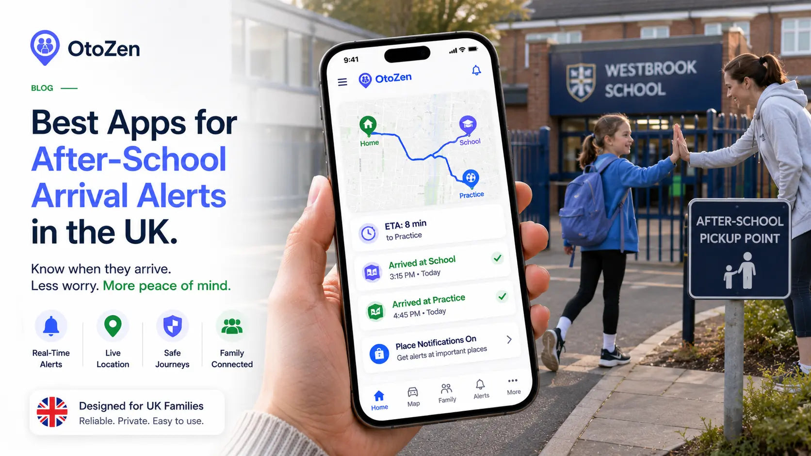 UK parent receiving an OtoZen school arrival alert and live location update after school
