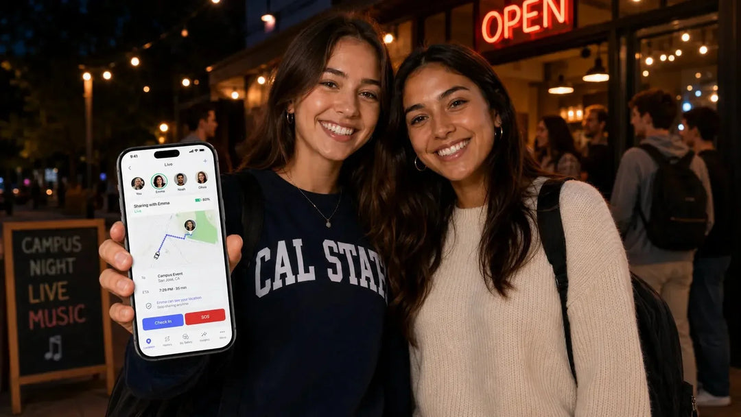 Two college-age friends reviewing an OtoZen screen with trusted contacts, live location, ETA, and SOS options before a night out.