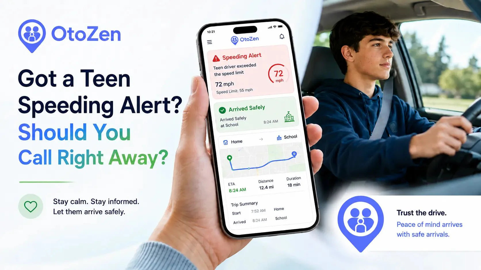 Parent receiving a teen speeding alert and waiting for an OtoZen safe arrival notification before calling