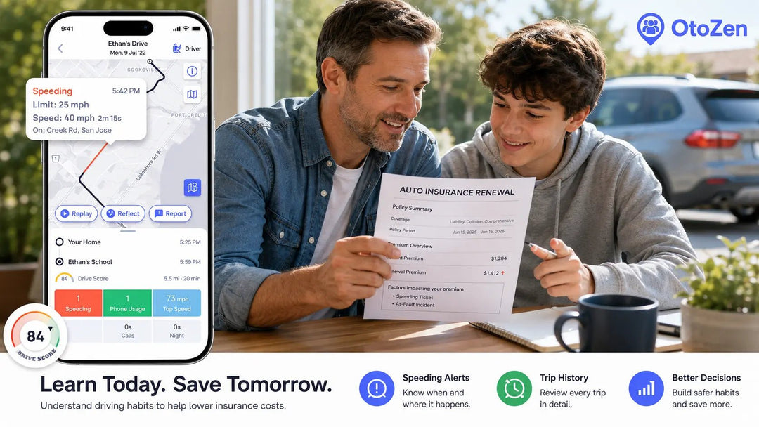 Parent and teen reviewing an insurance renewal with speeding alerts displayed on an OtoZen driving safety app.