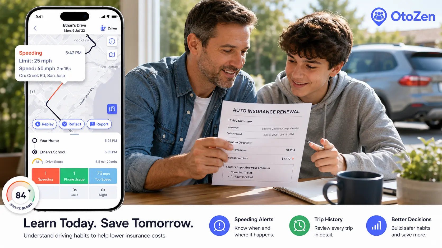 Parent and teen reviewing an insurance renewal with speeding alerts displayed on an OtoZen driving safety app.