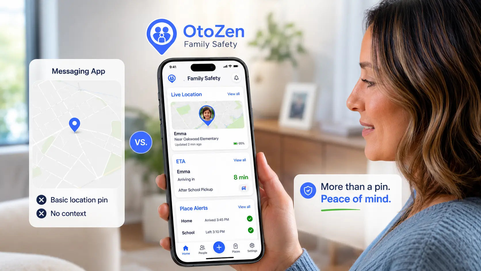 Parent comparing Viber location sharing with an OtoZen-style family location app dashboard