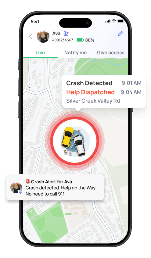crash detection app with map and alert icons.
