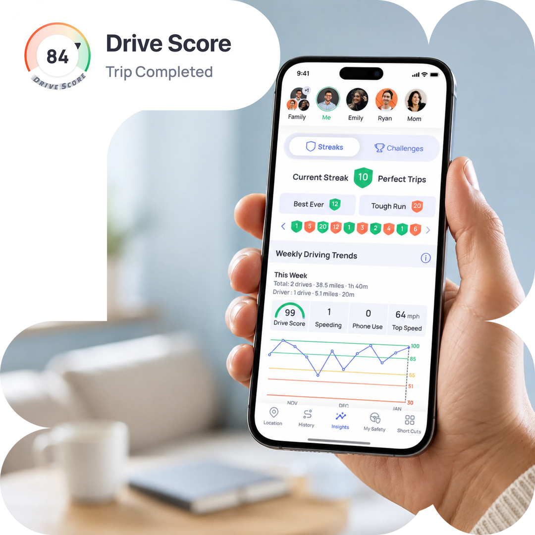 OtoZen driving score app showing Weekly Driving Trends, Drive Score and Drive Streaks