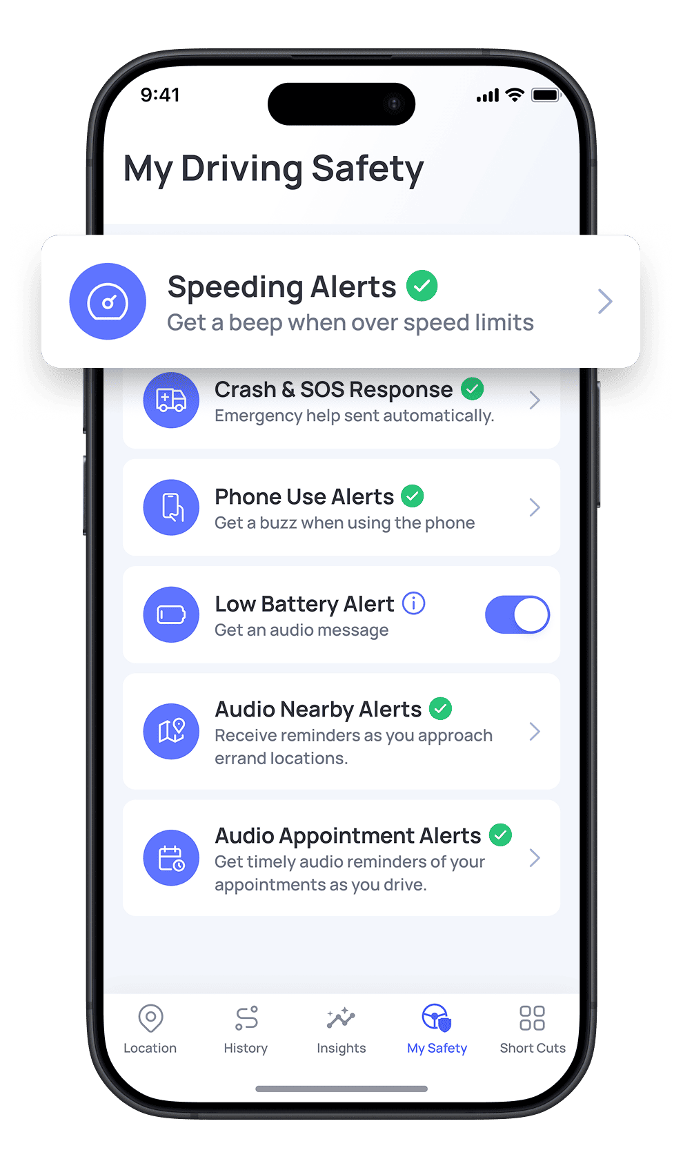 Phone screen displaying the 'My Driving Safety' app with various safety features.
