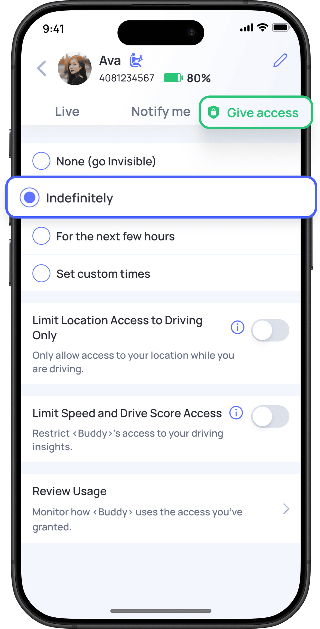 Location access settings with 'Indefinitely' option highlighted.
