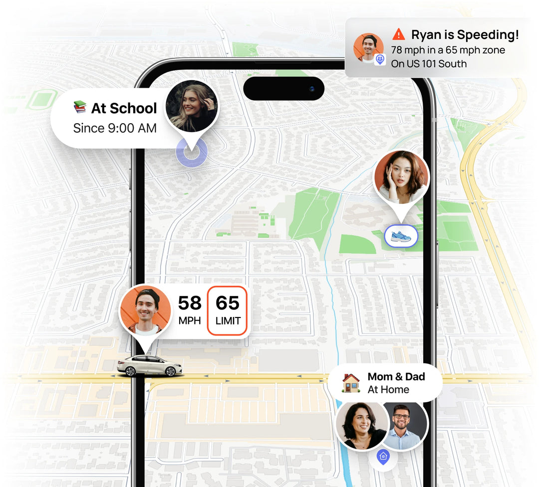 Phone screen displaying a location tracking app with various notifications and maps.