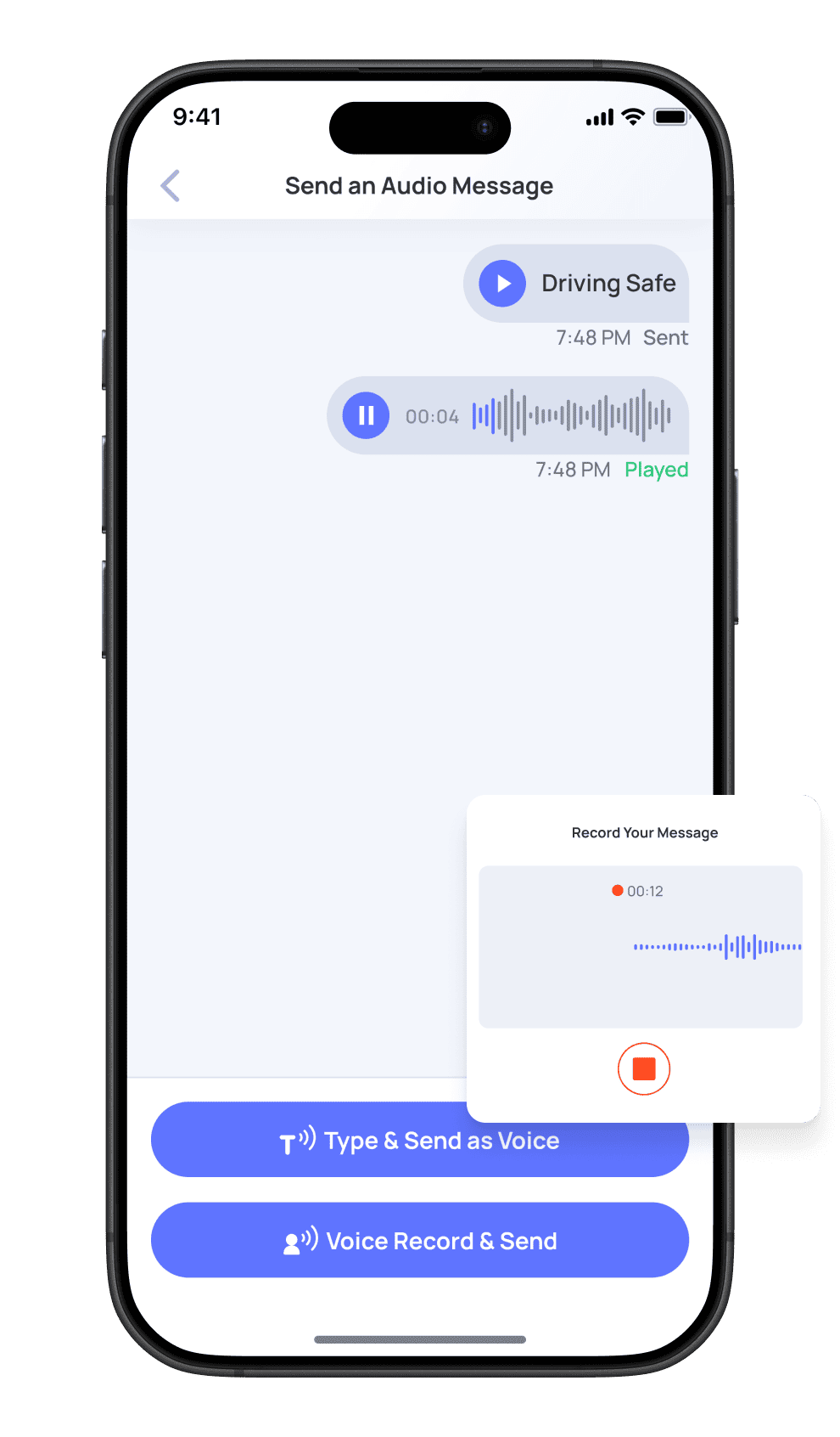 Audio message interface with recording and playback options.