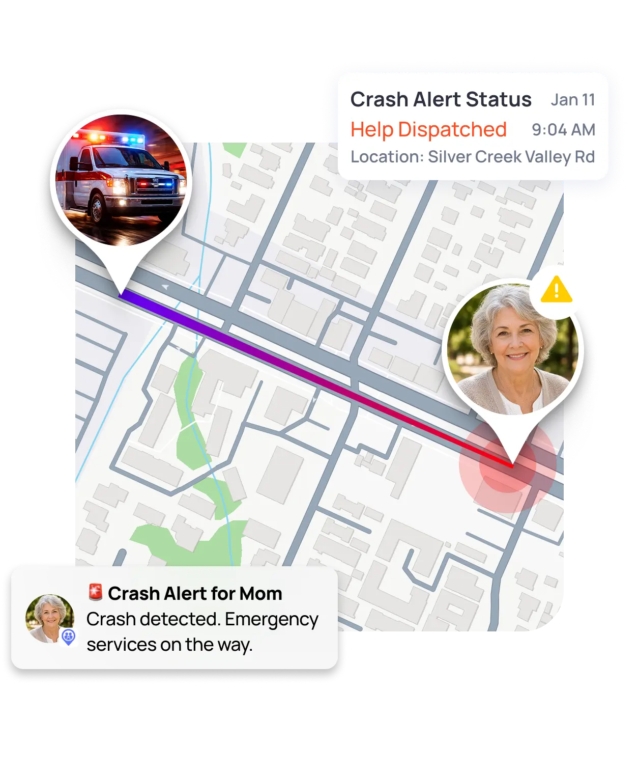OtoZen Crash Detection screen showing a possible driving emergency and the driver’s live location