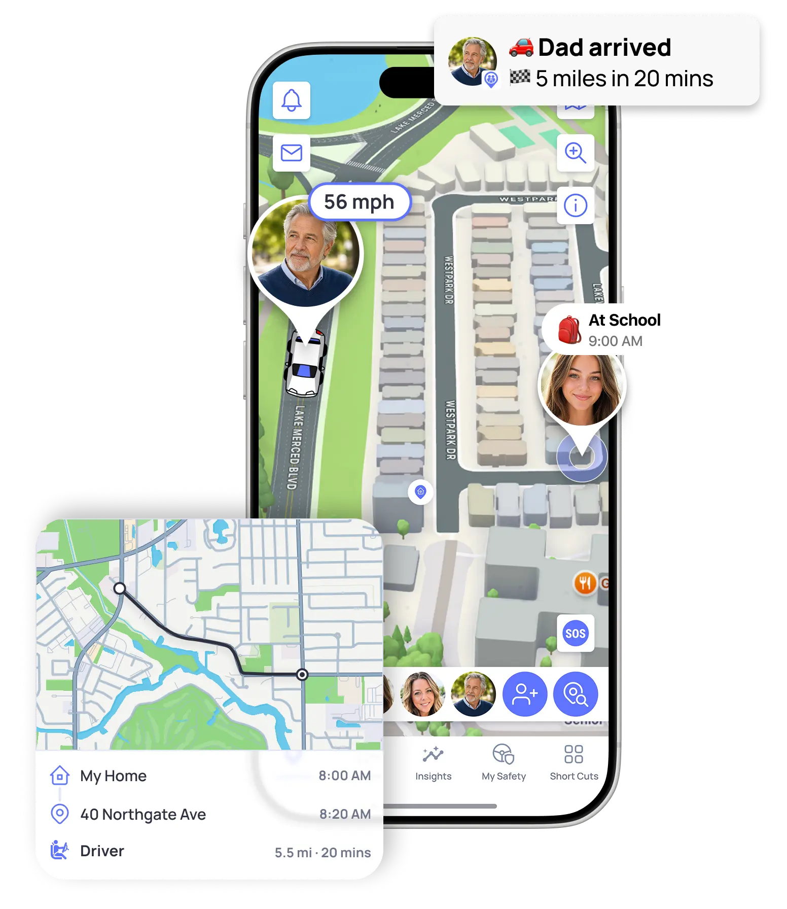 Adult daughter and aging father using OtoZen live location and arrival alerts beside a parked car