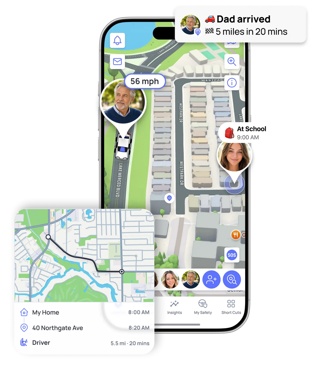 Adult daughter and aging father using OtoZen live location and arrival alerts beside a parked car