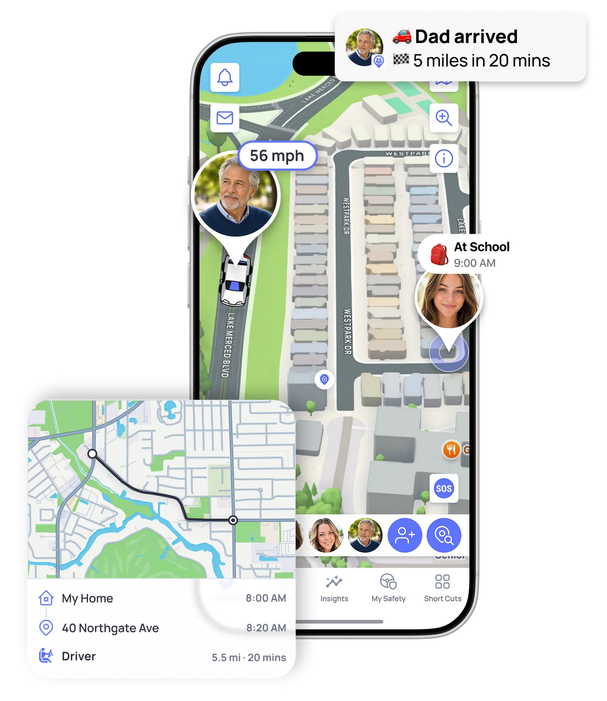 Adult daughter and aging father using OtoZen live location and arrival alerts beside a parked car