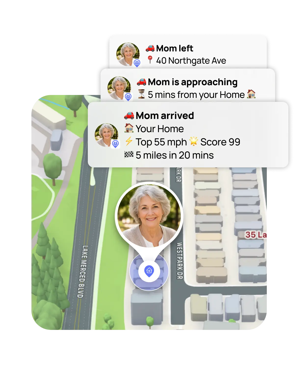 Adult son receiving an OtoZen notification that his aging mother arrived home safely