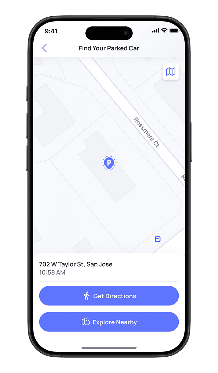 Car parking location app with a map and parking details.