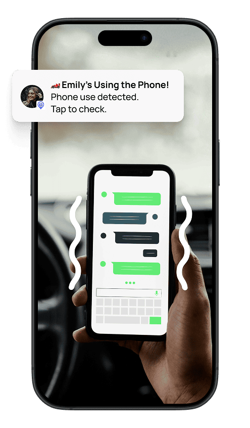 Phone screen showing a text message app with a notification about phone use, held by a person.