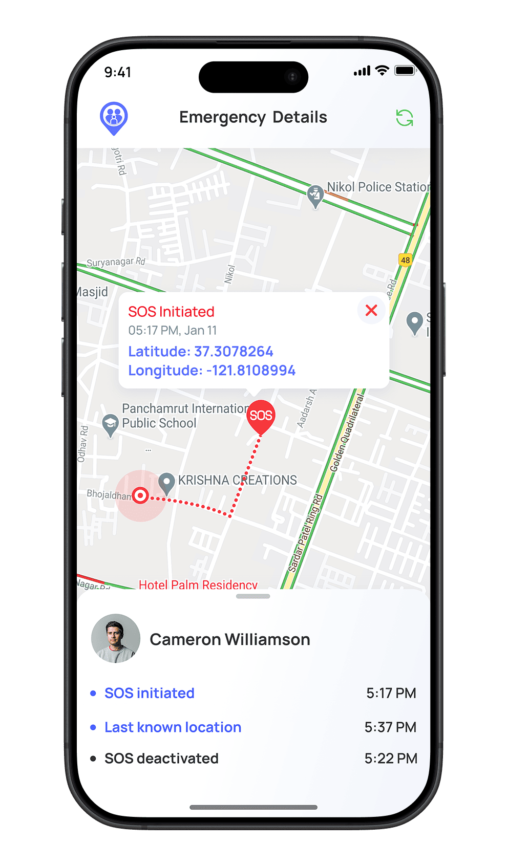 Emergency location tracking app with map and contact information.