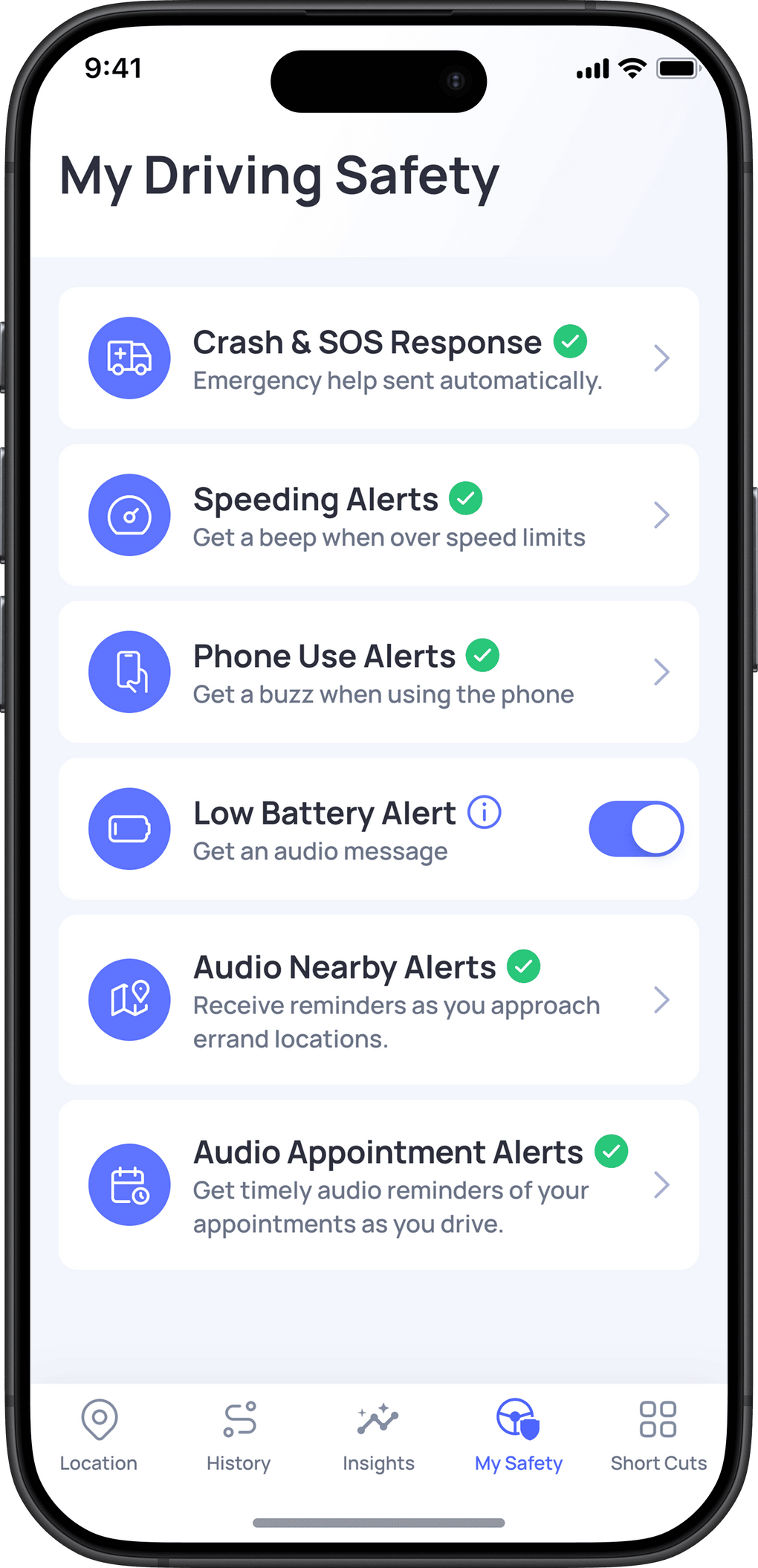 My Driving Safety app with various alerts and settings.