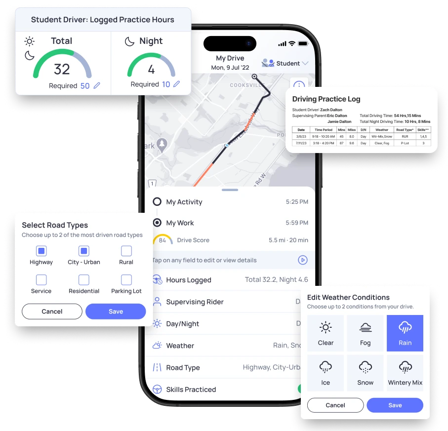 Student driving log app with map and statistics
