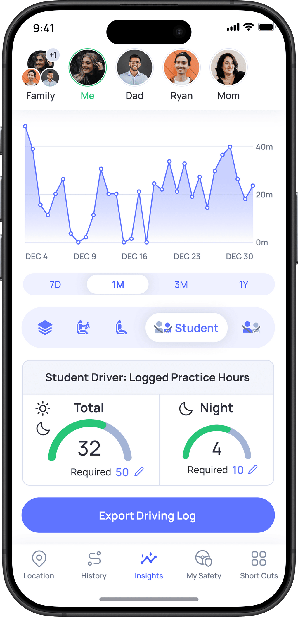Driving app with logged practice hours for a student driver.