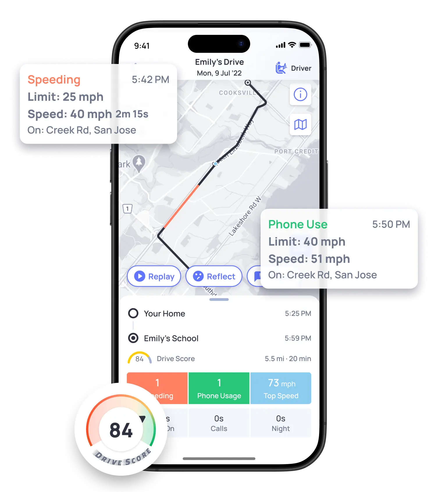 Phone displaying a driving app with speed limit, speed, and phone use information.