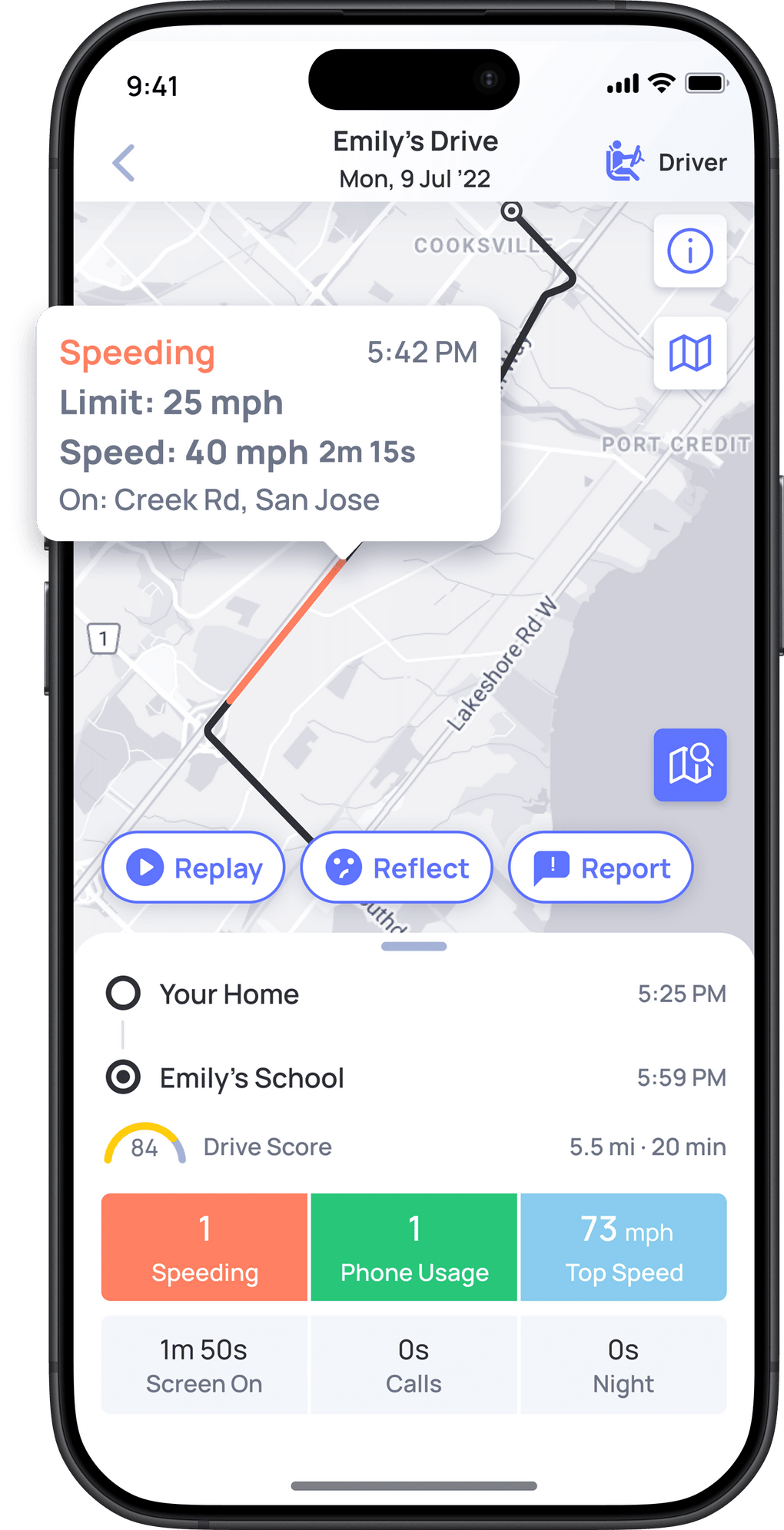 Phone screen displaying a trip path with a map and various options.