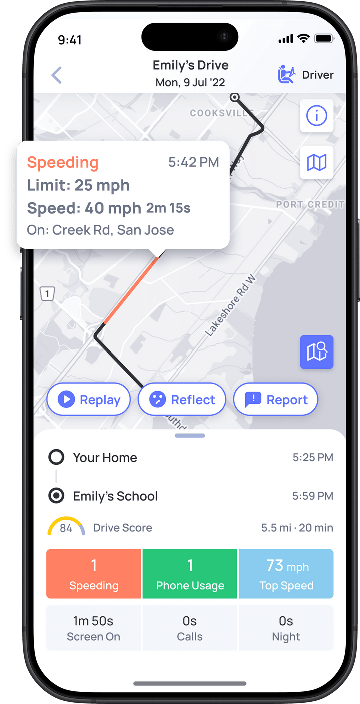 Phone screen displaying a trip path with a map and various options.